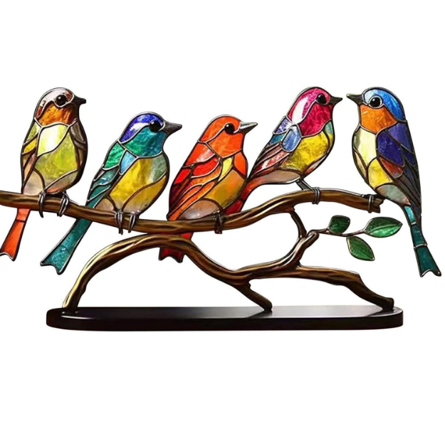 Picture of Colorful Stained Glass Bird Ornaments – Exquisite Bird Figurines for Home Decor & Gifts – Modern Style Decorative Art in Blue, Green, Pink & Orange