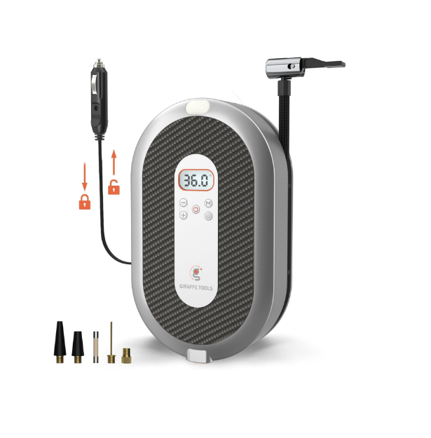 Picture of Retractable Car Tyre Inflator 12V DC with Cable, 150PSI Portable Air Compressor with Pressure Gauge and Adapters