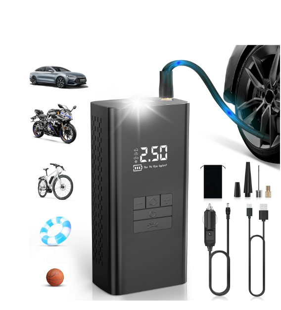 Picture of Cordless Tyre Inflator Portable Air Compressor - Fast 45L/min Car Tyre Inflator with Power Bank Support, LED Lighting 6000mAh Battery