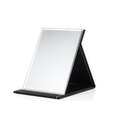 Picture of  17 x 12cm Portable Folding Makeup Mirror Black PU Leather Travel Mirror with Stand