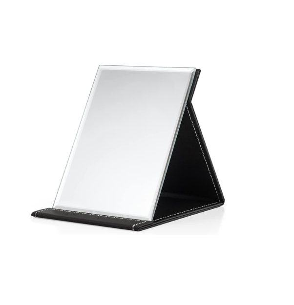 Picture of  17 x 12cm Portable Folding Makeup Mirror Black PU Leather Travel Mirror with Stand