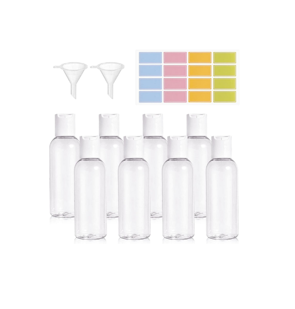 Picture of 100ml Travel Bottles,Travel Bottles for Toiletries Empty Refillable,8pcs Clear Container Travel with 2 Funnels and Colorful Labels