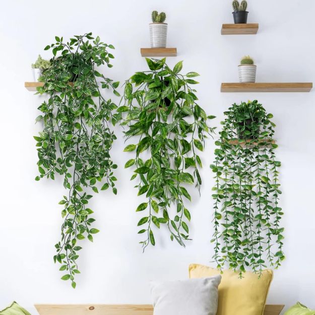 Picture of Artificial Plant Eucalyptus - Set of 3 Decorative Artificial Hanging Plants with Pots Fake Ivy Vines Greenery Faux Trailing Plants 