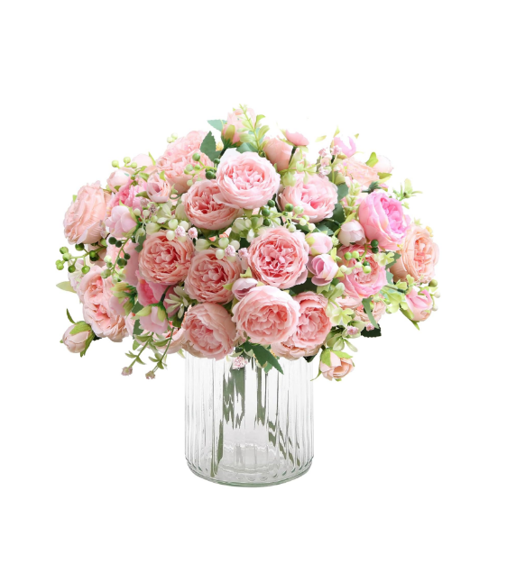 Picture of 4 Bunches Peony Artificial Flowers Pink Silk Peonies Bouquet Fake Flowers for Home Decor Wedding Table Centerpiece