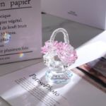 Picture of Crystal Pink Rose Flower Basket Collectible Figurines Gifts for Women, Glass Rose Bouquet Floral Keepsake Paperweight Ornaments