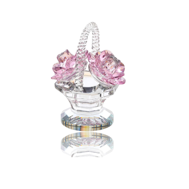 Picture of Crystal Pink Rose Flower Basket Collectible Figurines Gifts for Women, Glass Rose Bouquet Floral Keepsake Paperweight Ornaments