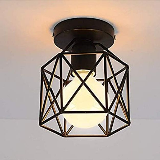 Picture of Vintage Hallway Ceiling Light, Black Semi-Flush Mount Cage Ceiling Lamp – E27 Bulb Compatible, Retro Industrial Design for Dining Room, Kitchen, and Hallway
