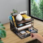 Picture of 4 Tier Desk Organizers and Accessories, Paper Letter Tray Organizer, Vintage Wood Desk File Organizer with Drawer and 2 Pen Holders