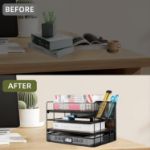 Picture of 4 Tier Desk Organizers and Accessories, Paper Letter Tray Organizer, Vintage Wood Desk File Organizer with Drawer and 2 Pen Holders