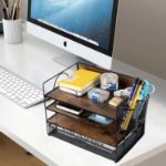 Picture of 4 Tier Desk Organizers and Accessories, Paper Letter Tray Organizer, Vintage Wood Desk File Organizer with Drawer and 2 Pen Holders