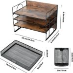 Picture of 4 Tier Desk Organizers and Accessories, Paper Letter Tray Organizer, Vintage Wood Desk File Organizer with Drawer and 2 Pen Holders