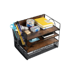 Picture of 4 Tier Desk Organizers and Accessories, Paper Letter Tray Organizer, Vintage Wood Desk File Organizer with Drawer and 2 Pen Holders