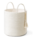 Picture of Macrame Woven Storage Basket with Tassel – Decorative Jute & Cotton Rope Basket with Handles – Boho Organizer for Plants, Blankets, Toys & Home Decor – Small & Medium Sizes Available