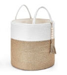 Picture of Macrame Woven Storage Basket with Tassel – Decorative Jute & Cotton Rope Basket with Handles – Boho Organizer for Plants, Blankets, Toys & Home Decor – Small & Medium Sizes Available