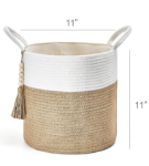 Picture of Macrame Woven Storage Basket with Tassel – Decorative Jute & Cotton Rope Basket with Handles – Boho Organizer for Plants, Blankets, Toys & Home Decor – Small & Medium Sizes Available