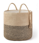 Picture of Macrame Woven Storage Basket with Tassel – Decorative Jute & Cotton Rope Basket with Handles – Boho Organizer for Plants, Blankets, Toys & Home Decor – Small & Medium Sizes Available
