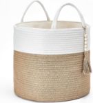 Picture of Macrame Woven Storage Basket with Tassel – Decorative Jute & Cotton Rope Basket with Handles – Boho Organizer for Plants, Blankets, Toys & Home Decor – Small & Medium Sizes Available