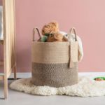 Picture of Macrame Woven Storage Basket with Tassel – Decorative Jute & Cotton Rope Basket with Handles – Boho Organizer for Plants, Blankets, Toys & Home Decor – Small & Medium Sizes Available