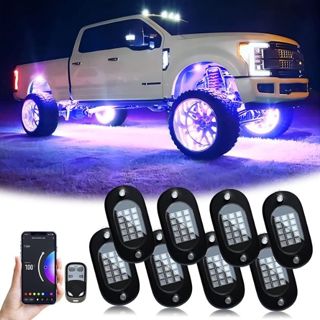 Picture of RGB LED Rock Lights Kit with Bluetooth App Control – Underglow Car Lights for Truck, ATV, SUV | Music & Timing Modes – Car Accessories Gift for Men & Women