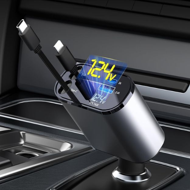 Picture of 4-in-1 Retractable Car Phone Charger | Fast Charging Adapter with Dual USB Ports & Cables | Compatible with iPhone 16/15/14, Galaxy S25/S24, Pixel, iPad