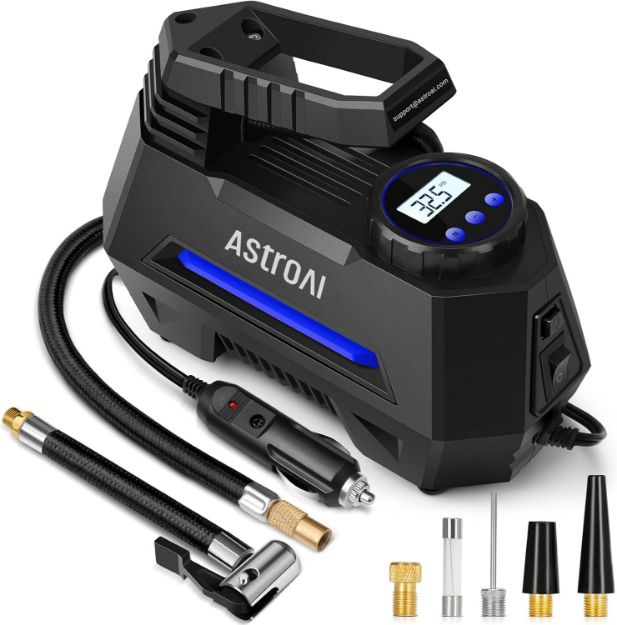 Picture of AstroAI 12V Portable Tyre Inflator with Auto-Stop, LED Light & Pressure Gauge – Fast Air Compressor Pump for Car Tyres, Bikes, and More