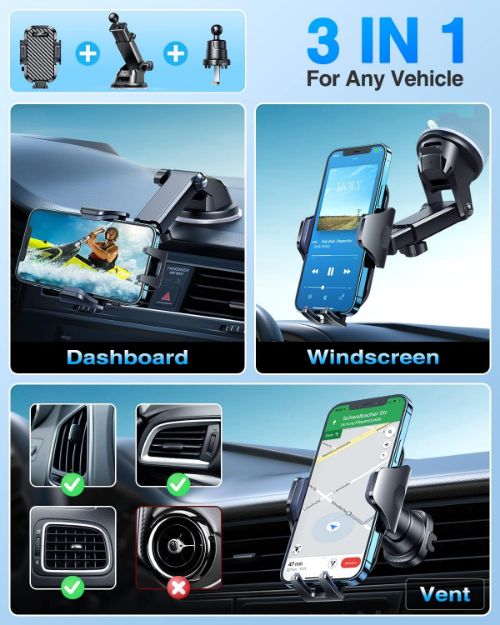 Picture of 2025 VANMASS Car Phone Holder – Universal Suction & Clip Mount for Dashboard, Windscreen & Vent | Military-Grade Mobile Cradle for iPhone & Samsung