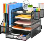 Picture of 5-Tier Desk Organiser File Holder with Drawer & Pen Holders – Black Mesh Desktop Storage for Office Supplies