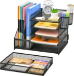 Picture of 5-Tier Desk Organiser File Holder with Drawer & Pen Holders – Black Mesh Desktop Storage for Office Supplies