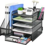 Picture of 5-Tier Desk Organiser File Holder with Drawer & Pen Holders – Black Mesh Desktop Storage for Office Supplies