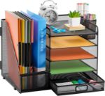 Picture of 5-Tier Desk Organiser File Holder with Drawer & Pen Holders – Black Mesh Desktop Storage for Office Supplies