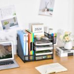 Picture of 5-Tier Desk Organiser File Holder with Drawer & Pen Holders – Black Mesh Desktop Storage for Office Supplies
