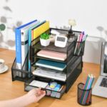 Picture of 5-Tier Desk Organiser File Holder with Drawer & Pen Holders – Black Mesh Desktop Storage for Office Supplies