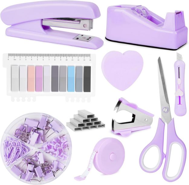 Picture of Desk Accessories Set – Complete Office Supplies Kit with Stapler, Tape Dispenser, Clips, Sticky Notes & More – Ideal for Students & Coworkers (Purple)