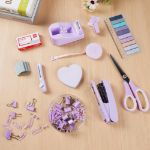 Picture of Desk Accessories Set – Complete Office Supplies Kit with Stapler, Tape Dispenser, Clips, Sticky Notes & More – Ideal for Students & Coworkers (Purple)