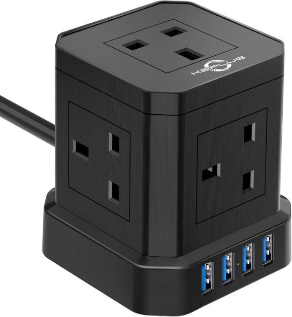 Picture of KEPLUG Cube Extension Lead with USB Slots – 5 Way Plug Power Strip with 4 USB Ports (3.1A) – 2m Extension Cable, 3250W/13A UK Power Socket for Home, Office & Travel
