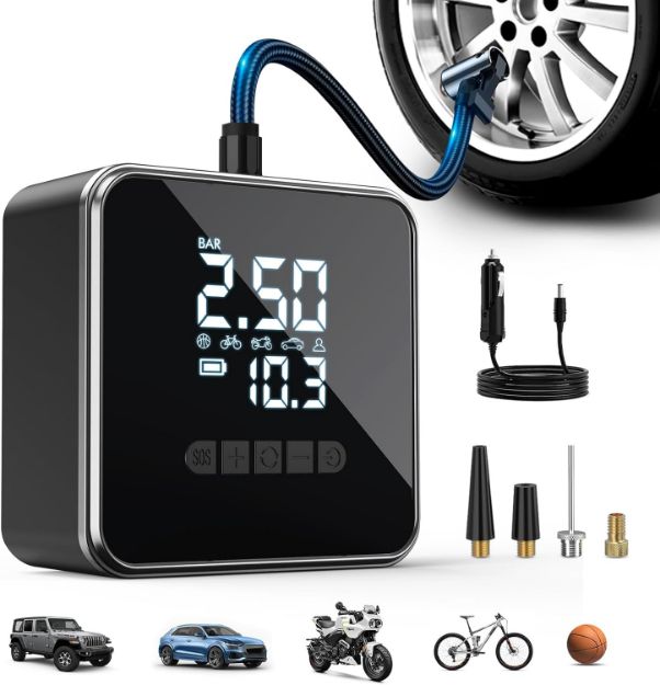 Picture of Cordless Tyre Inflator Air Compressor – 150PSI Electric Car & Bike Pump with 6000mAh Battery, LED Display, Power Bank & Auto Shut-Off
