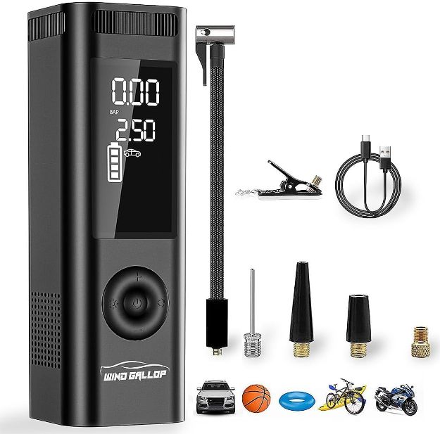 Picture of Electric Bike Pump & Car Tyre Inflator - Rechargeable Smart Air Compressor with LED, Pressure Gauge, & Valve Adaptors
