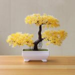 Picture of Artificial Bonsai Cedar – Yellow Welcoming Pine Emulated Bonsai Plant for Home Decor, Tabletop Ornament & Indoor Decorative Pot Plant