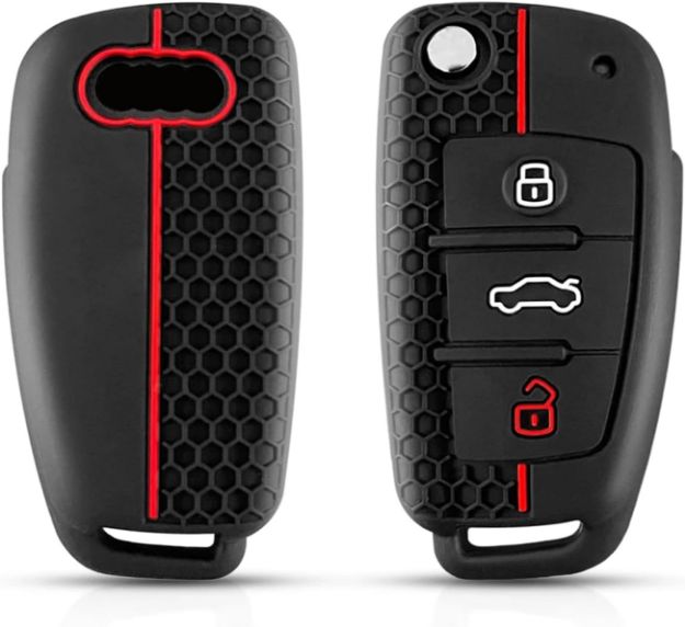 Picture of Audi TPU Key Fob Cover for A1 A3 S3 A4 S4 RS4 A6 S6 RS6 Q3 Q5 Q7 TT R8 Seat Exeo – 3 Button Protection Silicone (Black/Red)