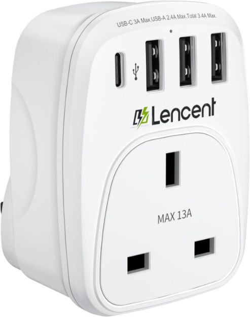 Picture of USB Plug Charger UK with 1 Type C and 3 USB Ports – 5-in-1 Multiport Adapter Plug for Household Appliances, Smartphones, iPhones & Tablets – 3250W Power Capacity