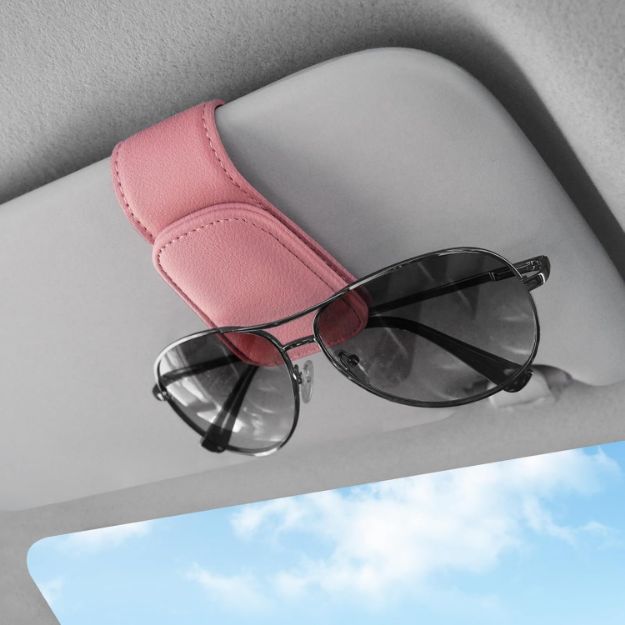 Picture of Magnetic Sunglasses Holder for Car Visor – Leather Eyeglasses Clip with Card Holder – Universal Fit for Car Interiors (Pink)