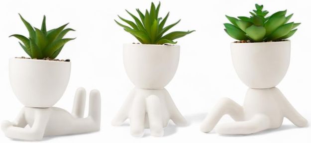 Picture of Seated Succulent Set (Set of 3) – Porcelain Pots with Small Artificial Plants for Indoors | Faux Plants for Bedroom, Office Desk, Bathroom – Shelf Decorations
