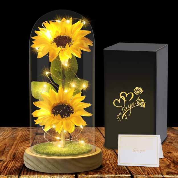 Picture of Mothers Day Flowers Gifts for Women – Sunflowers in Glass Dome, Eternal Flower Gift for Mom, Wife, Grandmother for Wedding, Birthday, Anniversary (Yellow)