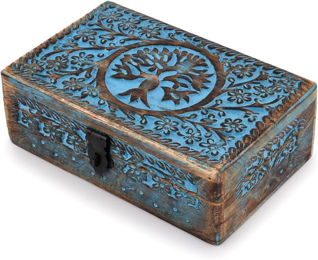 Picture of BHAVATU Handmade Mango Wood Blue Tree of Life Engraved Handcarved Jewelry Box for Women & Men | Home Decor Accent, Decorative Box