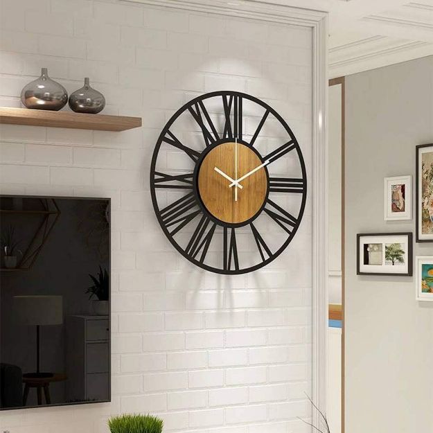 Picture of Modern Silent Large Wall Clock – 16” Rustic Battery Operated Wood Clock with Roman Numerals for Living Room, Kitchen, Bedroom, Office Decor (Black)