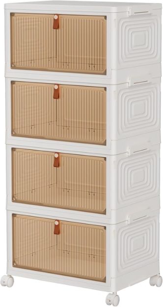 Picture of 4-Tier Stackable Plastic Storage Boxes with Lid and Wheels – 23L Folding Storage Bins with 1 Lid per Tier, Organizer Containers for Bedroom, Living Room, Study, Office