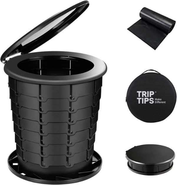 Picture of TRIPTIPS Retractable Portable Foldable Height Adjustable Travel Toilet – XL Size, Black, Ideal for Car Camping, Hiking, and Travel