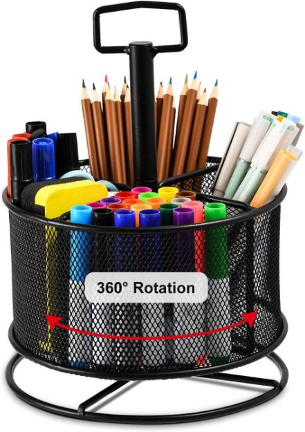 Picture of 360° Rotating Mesh Desk Organizer – 4-Compartment Metal Pen Holder for Office & Home Use