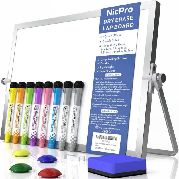 Picture of A3 Dry Erase Mini Whiteboard with Stand - Double-Sided Magnetic Portable Whiteboard for Kids, Students, Office (40x30cm, 8 Pens, Eraser, Magnets)