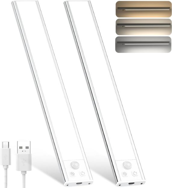 Picture of Rechargeable Under Cabinet Kitchen Lights – 3 Color Dimmable 52 LED Motion Sensor, USB-C, 31cm (2 Pack)
